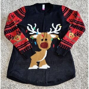 No‎ Boundaries Juniors XL (15-17) Christmas Sweater Reindeer Sequin Nose READ
